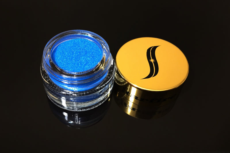 blue pigment eyeshadow in glass jar with gold lid-starfire cosmetics