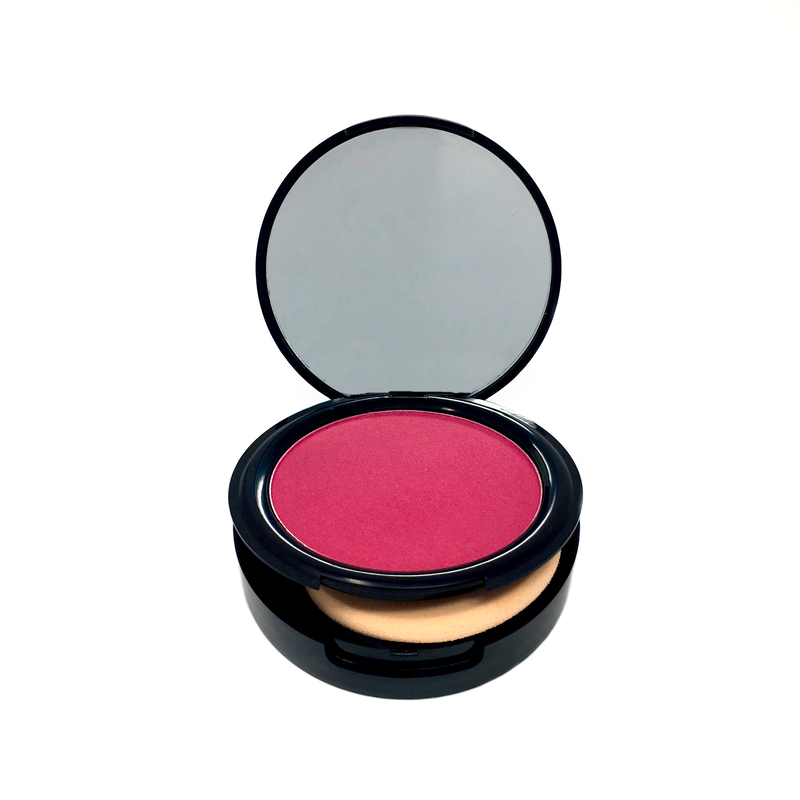 bright pink blush color with open mirror inside black makeup case-starfire cosmetics