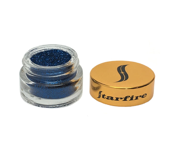 blue glitter inside glass jar-starfire cosmetics