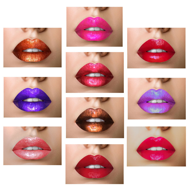 10 glossy lipstick color pink, red, purple, brown, copper on lips-starfire cosmetics