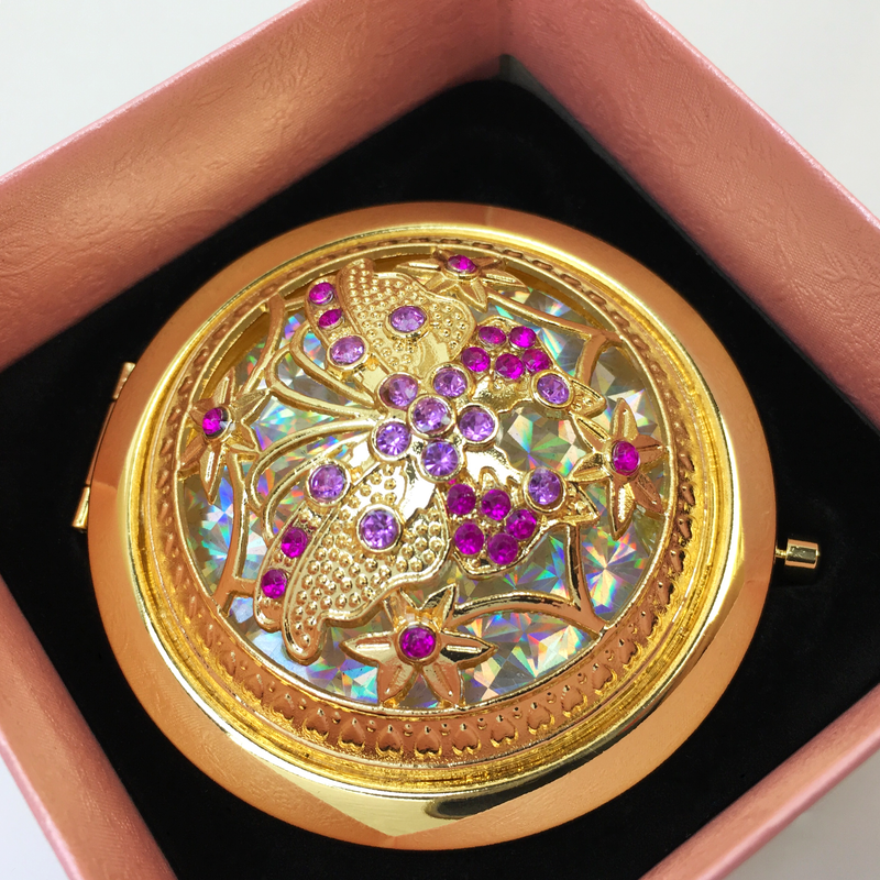 amethyst gold mirror with butterfly stones inside pink box-starfire cosmetics