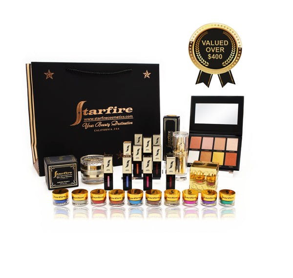 Makeup gift sets including lipsticks, glitters, eyeshadow palette next to black starfire shopping bag-starfire cosmetics