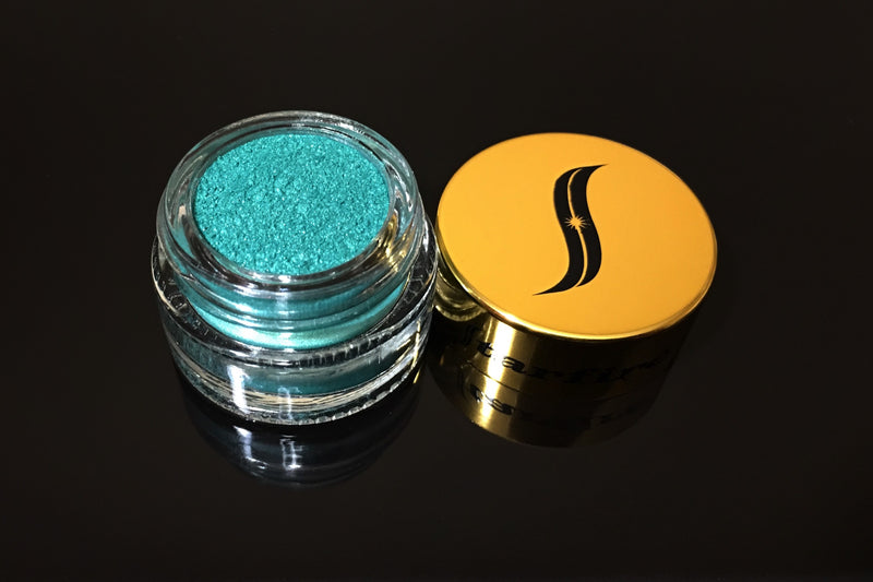 turquoise eyeshadow makeup inside a glass jars with gold lid-starfire cosmetics