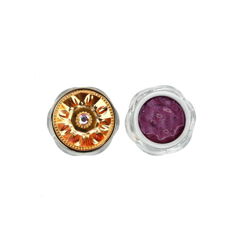 purple color galactic jelly eyeshadow spica open next to gold lid-starfire cosmetics