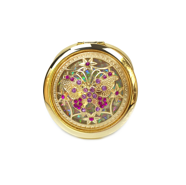 amethyst gold makeup mirror with butterfly design in front-starfire cosmetics