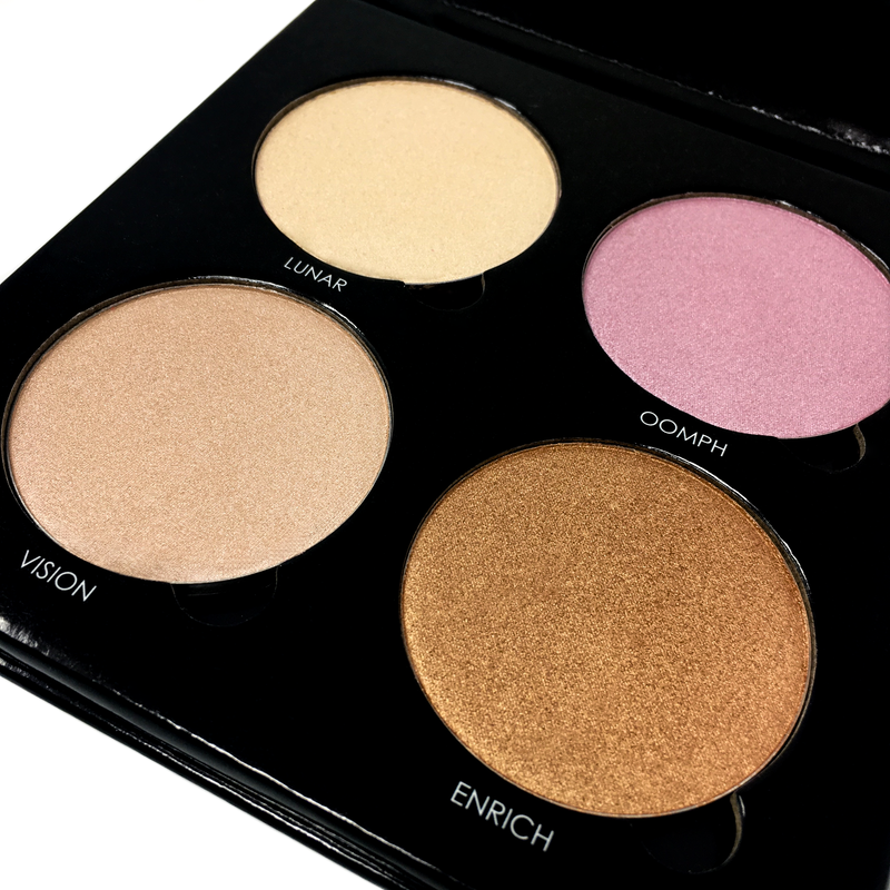 highlighter palette in black box with four colors, gold, pink, tan, and bronze-starfire cosmetics