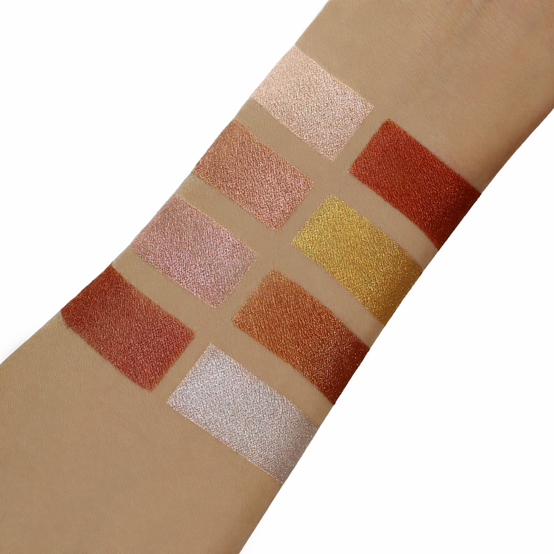8 color eyeshadow on woman arm, bronze, pink, pearl, white, copper, gold, and rust-starfire cosmetics