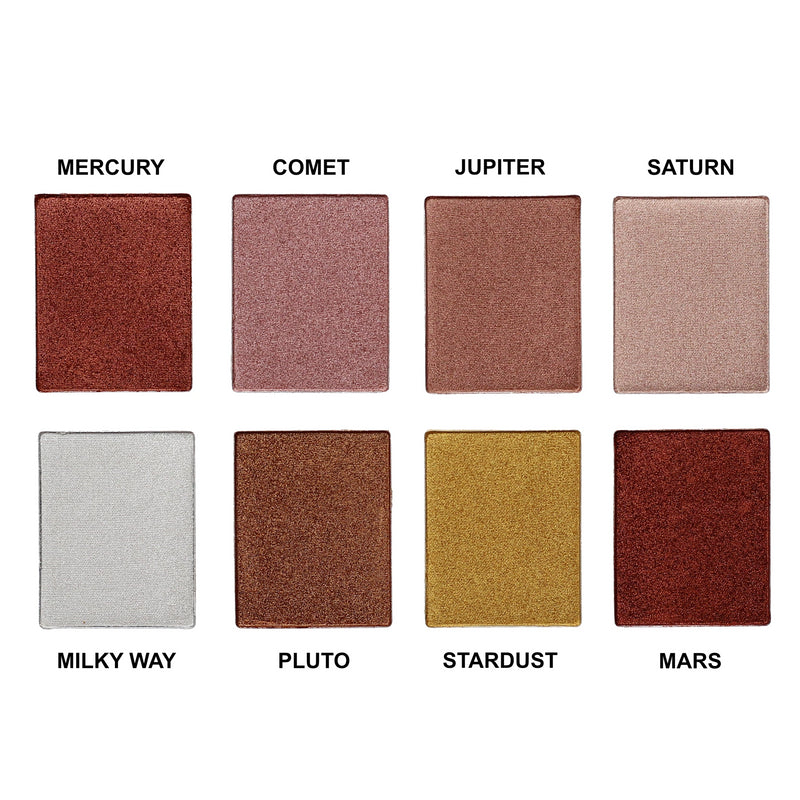 constellation eyeshadow palette-8 multi color eyeshadow pans named mercury, comet, jupiter, saturn, milky way, pluto stardust mars-starfire cosmetics