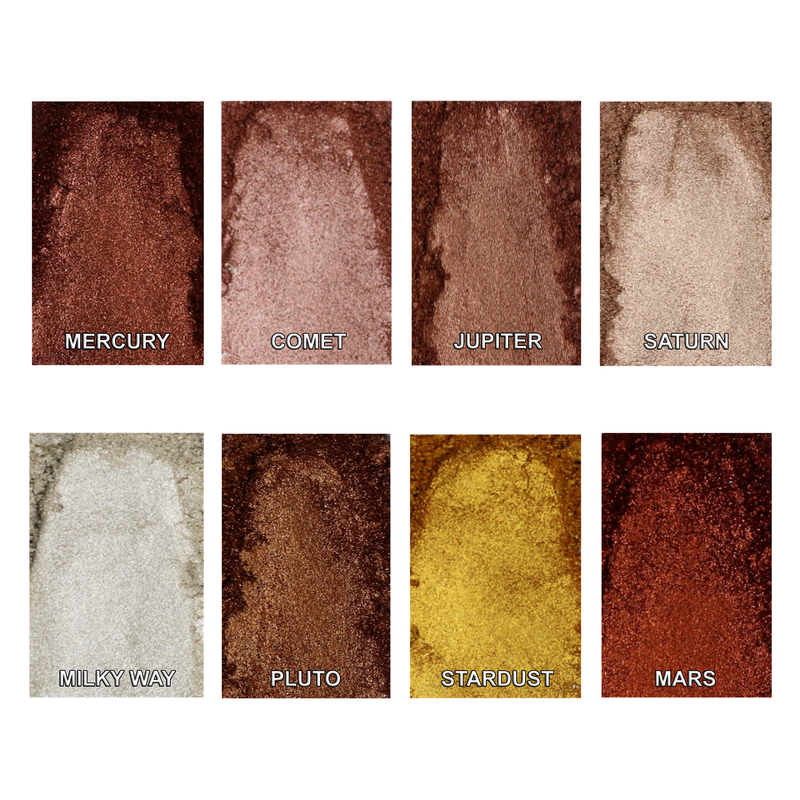 8 color eyeshadow swatch bronze, yellow, copper, pink, and silver colors-starfire cosmetics