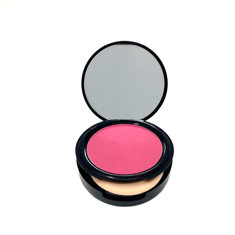 fuschia blush opened inside black makeup case with mirror-starfire cosmetics