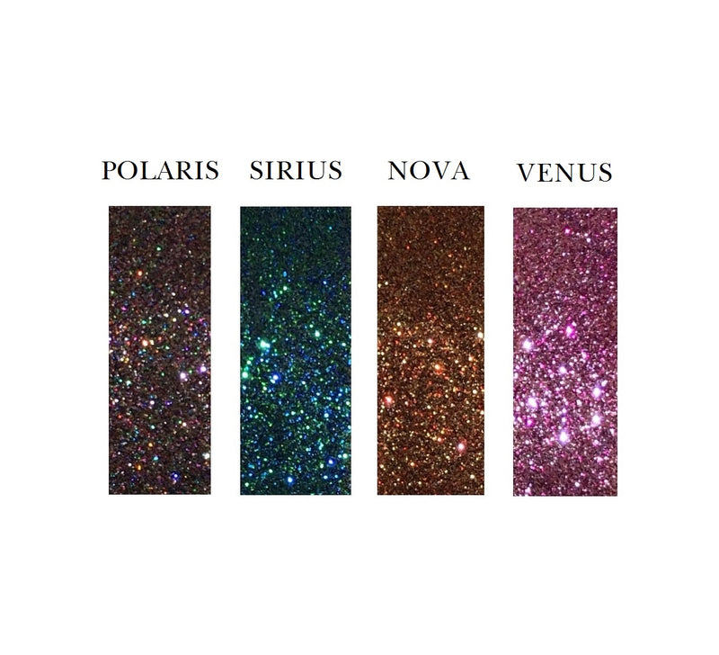four glitter eyeshadow named polaris, sirius, nova, and venus-starfire cosmetics