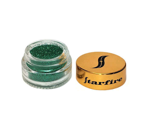green glitter inside glass jar-starfire cosmetics