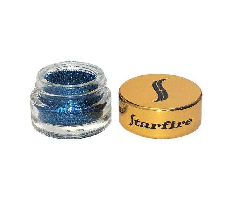 blue glitter inside glass jar-starfire cosmetics