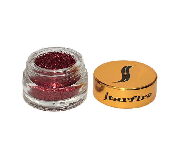 red glitter inside glass jar-starfire cosmetics