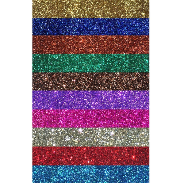 ten glitter shades, gold, dark blue, copper, green, brown, purple, pink, silver, red, blue-starfire cosmetics