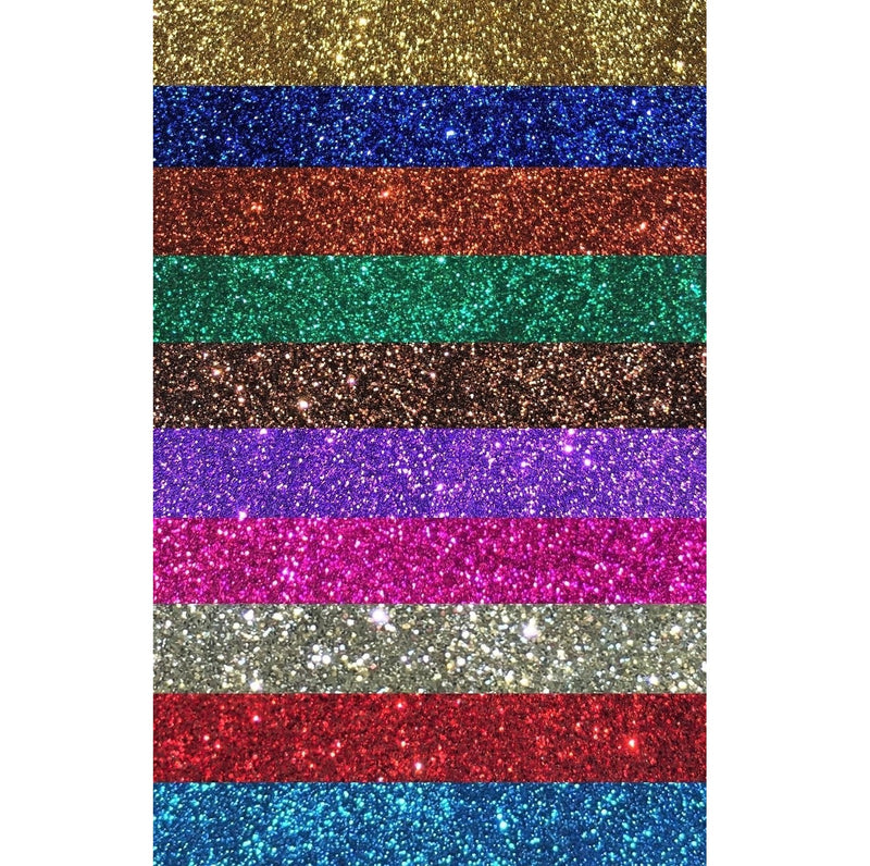 ten glitter shades, gold, dark blue, copper, green, brown, purple, pink, silver, red, blue-starfire cosmetics