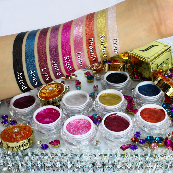 jelly eyeshadow swatched on arm showing nine colors-starfire cosmetics