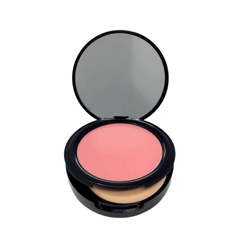 a light pink blush opened in a black case with sponge and mirror-stafire cosmetics