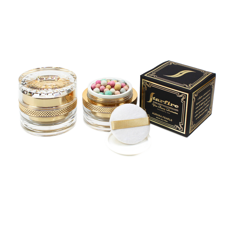 lightweight powder in a gold makeup jar next to a black box-starfire cosmetics