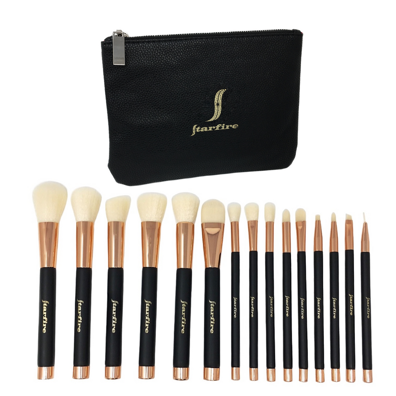 15 piece makeup brushes next to black bag-starfire cosmetics