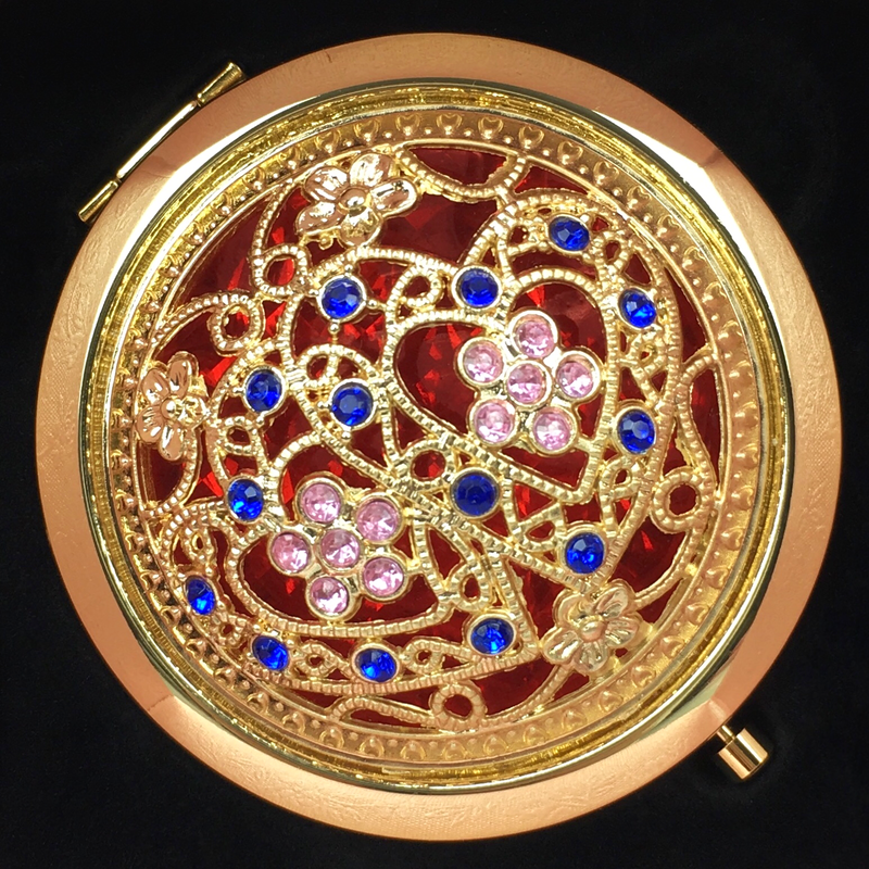 gold makeup mirror with ruby red and blue heart stones-starfire cosmetics