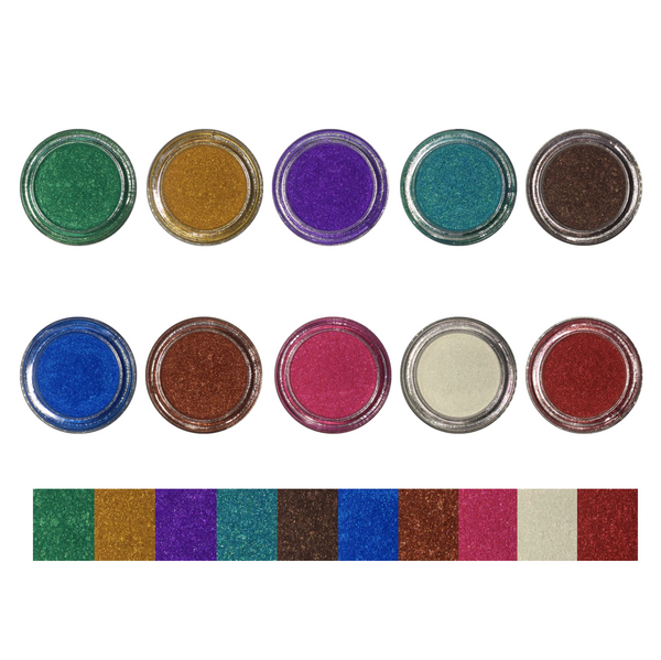 eyeshadow pigment makeup set that has ten different colors, green, yellow, purple, turquoise, brown, blue, copper, pink, iridescent, and red in two rows-starfire cosmetics