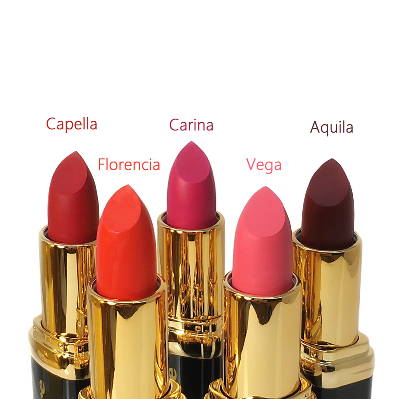 5 matte velvet lipsticks, red, orange, pink, fuchsia, deep red colors-starfire cosmetics