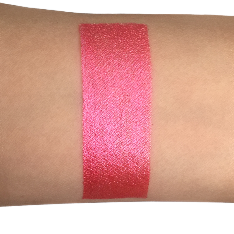 pink metallic liquid lipstick swatch on arm-starfire cosmetics