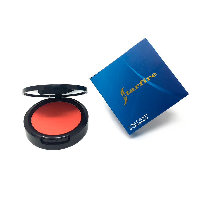 orange blush open in black case next to blue packaging-starfire cosmetics