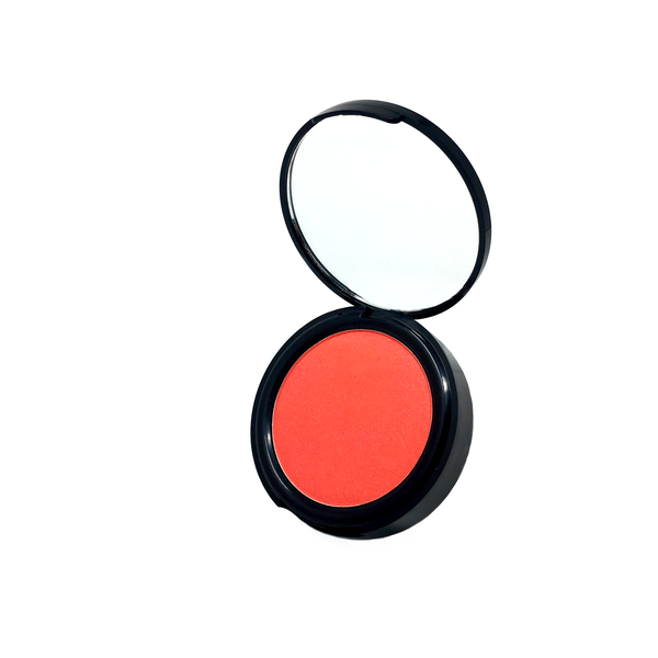 orange color blush with mirror opened in black makeup case-starfire cosmetics