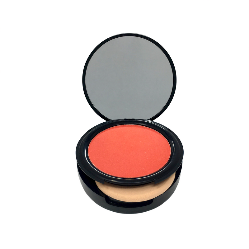 orange color blush with mirror opened that has a sponge inside a black makeup case-starfire cosmetics