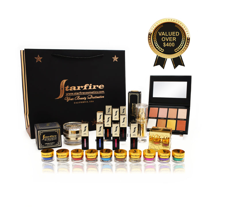Makeup gift sets including lipsticks, glitters, eyeshadow palette next to black starfire shopping bag-starfire cosmetics